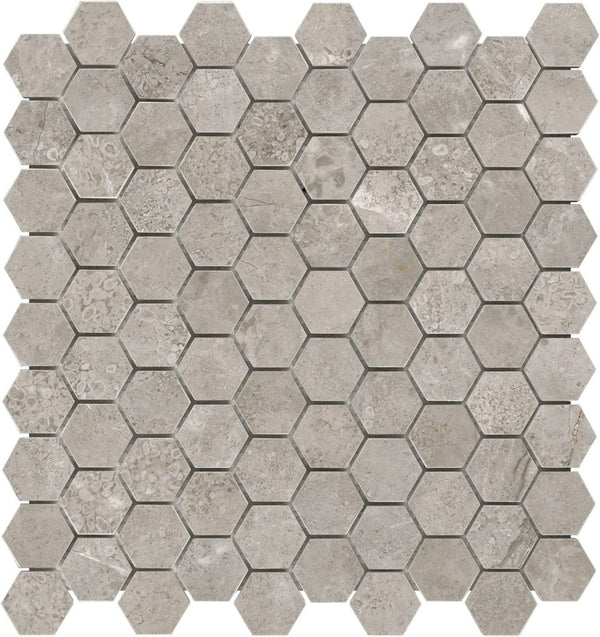 Anatolia 1.25 in (3.2 cm) Hexagon Ritz Gray Polished Marble Mosaic