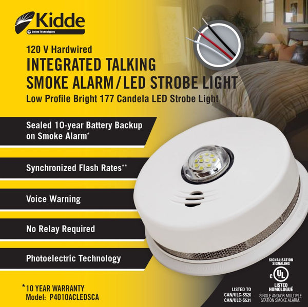 Integrated Talking Smoke Alarm / LED Strobe Light 120V With 10 Year BBU 