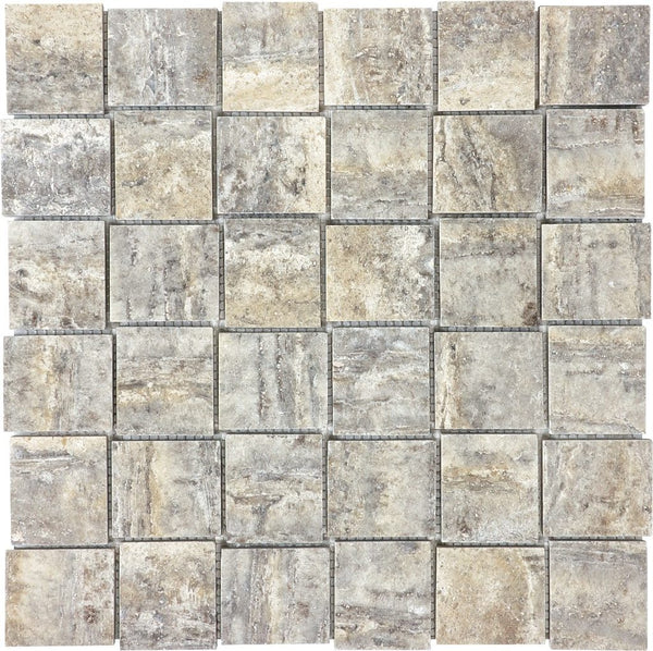 Anatolia 2 x 2 in Basketweave (5 x 5 cm) Silver Ash Filled & Honed Veincut Travertine Mosaic