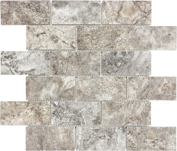 Anatolia 2 x 4 in Brick (5 x 10 cm) Silver Ash Filled & Honed Travertine Mosaic