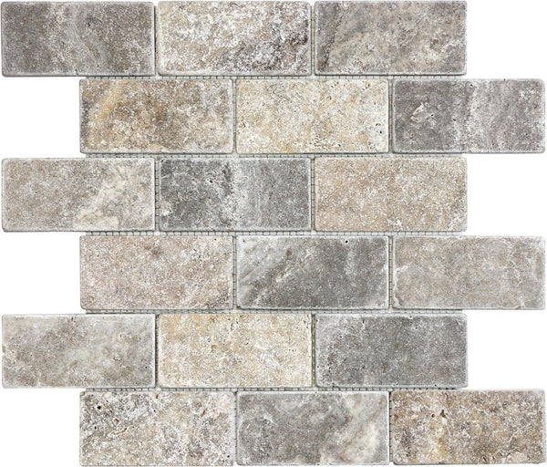 Anatolia 2 x 4 in Brick (5 x 10 cm) Silver Ash Tumbled Travertine Mosaic