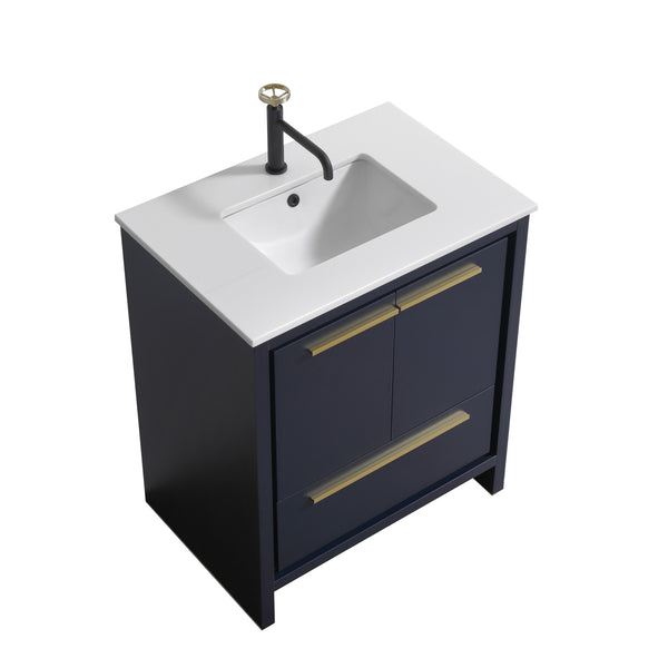 KubeBath Dolce 30″ Blue Modern Bathroom Vanity with White Quartz Counter-Top