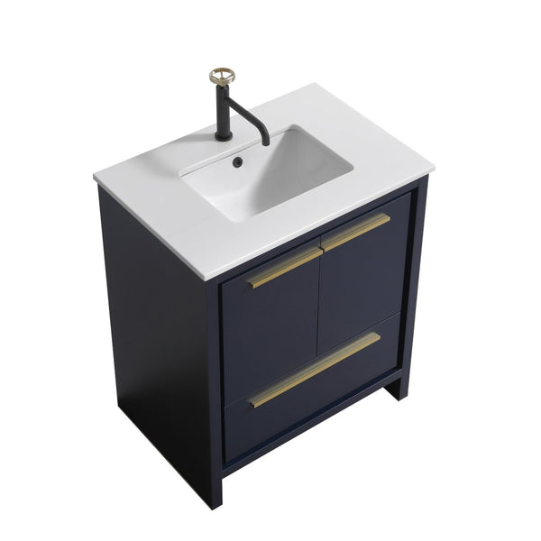 KubeBath Dolce 30″ Blue Modern Bathroom Vanity with White Quartz Counter-Top