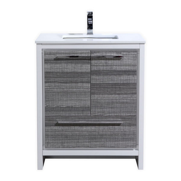 KubeBath Dolce 30″ Ash Gray Modern Bathroom Vanity with White Quartz Counter-Top