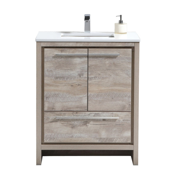 KubeBath Dolce 30″ Nature Wood Modern Bathroom Vanity with White Quartz Counter-Top