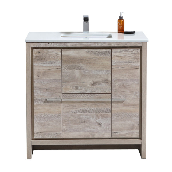 KubeBath Dolce 36″ Nature Wood Modern Bathroom Vanity with White Quartz Counter-Top