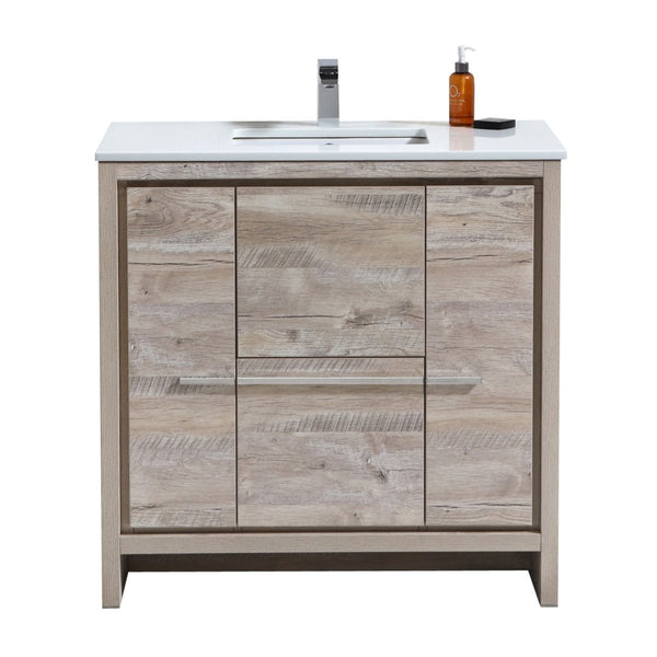 KubeBath Dolce 36″ Nature Wood Modern Bathroom Vanity with White Quartz Counter-Top