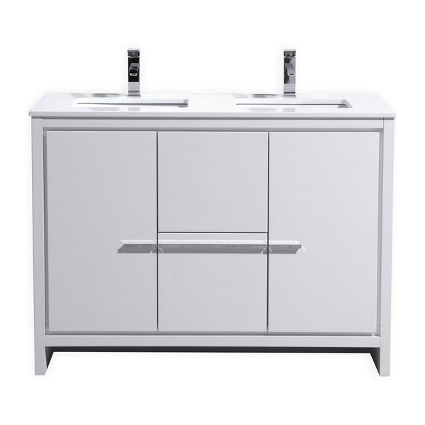 KubeBath Dolce 48″ Double Sink High Gloss White Modern Bathroom Vanity with White Quartz Counter-Top
