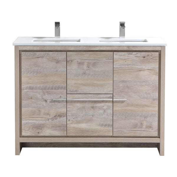 KubeBath Dolce 48″ Double Sink Nature Wood Modern Bathroom Vanity with White Quartz Counter-Top