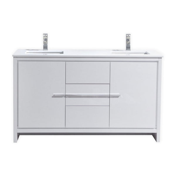 KubeBath Dolce 60″ Double Sink High Gloss White Modern Bathroom Vanity with White Quartz Counter-Top