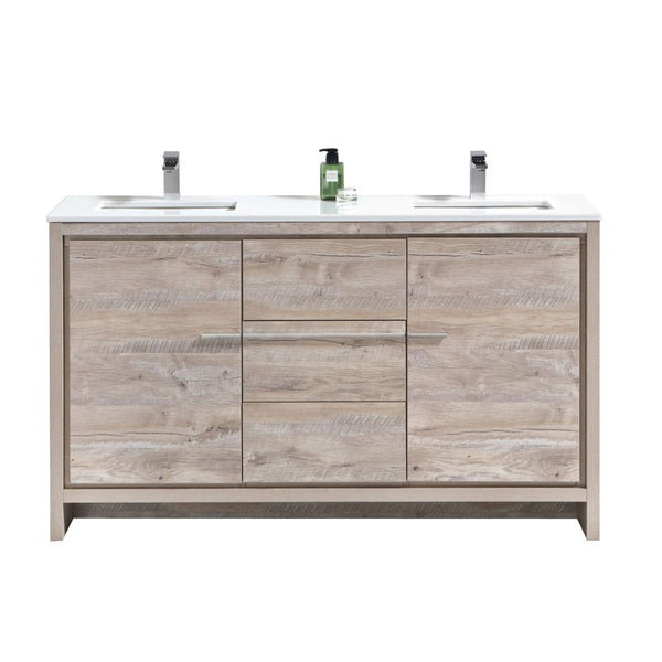 KubeBath Dolce 60″ Double Sink Nature Wood Modern Bathroom Vanity with White Quartz Counter-Top