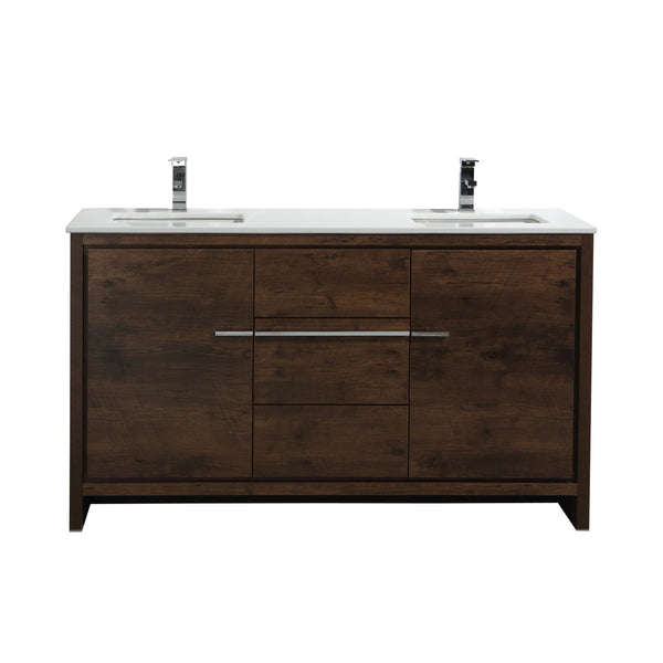 KubeBath Dolce 60″ Double Sink Rose Wood Modern Bathroom Vanity with White Quartz Counter-Top