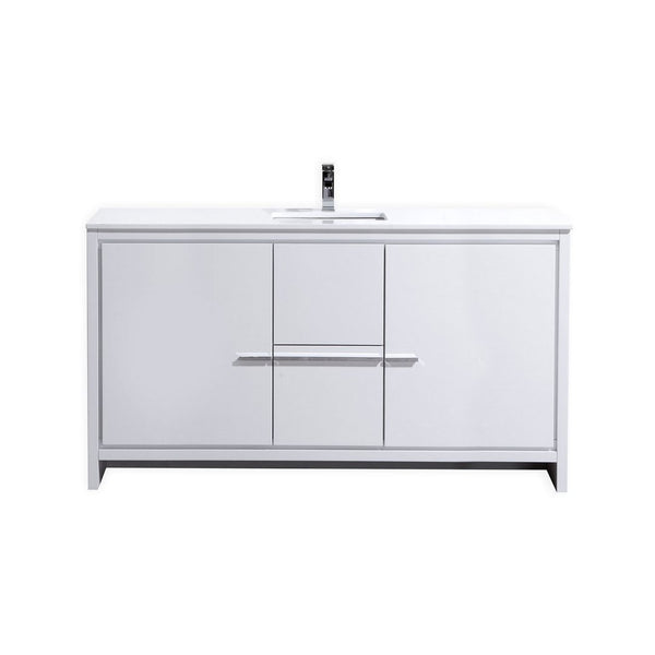 KubeBath Dolce 60″ High Gloss White Modern Bathroom Vanity with White Quartz Counter-Top