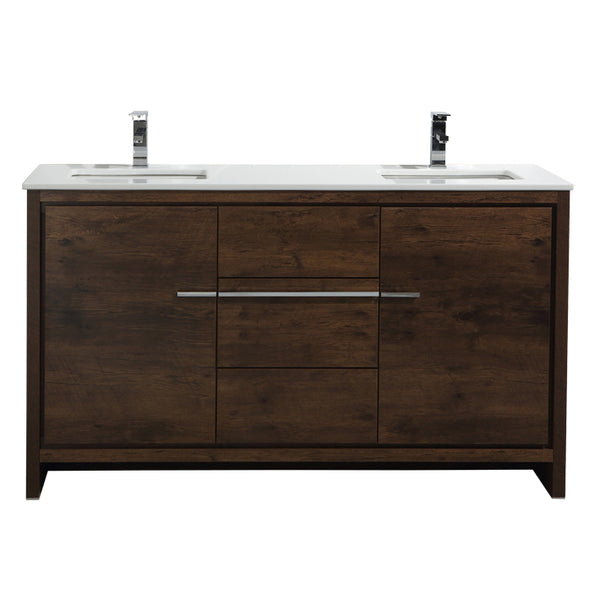 KubeBath Dolce 60″ Rose Wood Modern Bathroom Vanity with White Quartz Counter-Top