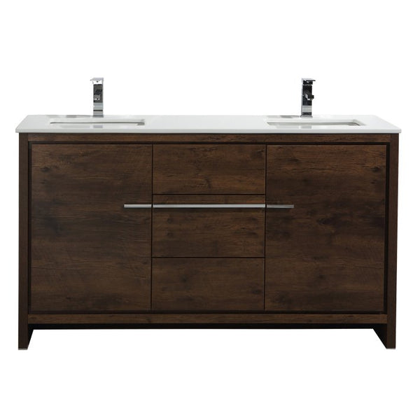 KubeBath Dolce 60″ Rose Wood Modern Bathroom Vanity with White Quartz Counter-Top