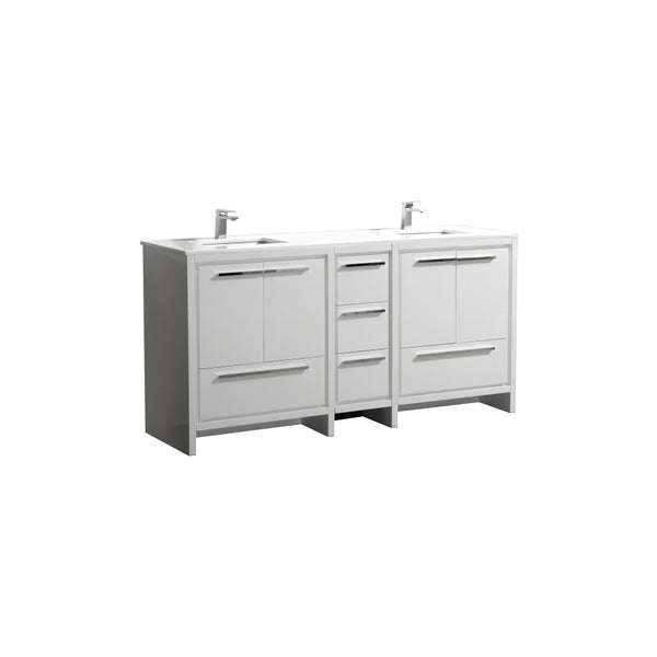 KubeBath Dolce 72″ Double Sink High Gloss White Modern Bathroom Vanity with White Quartz Counter-Top