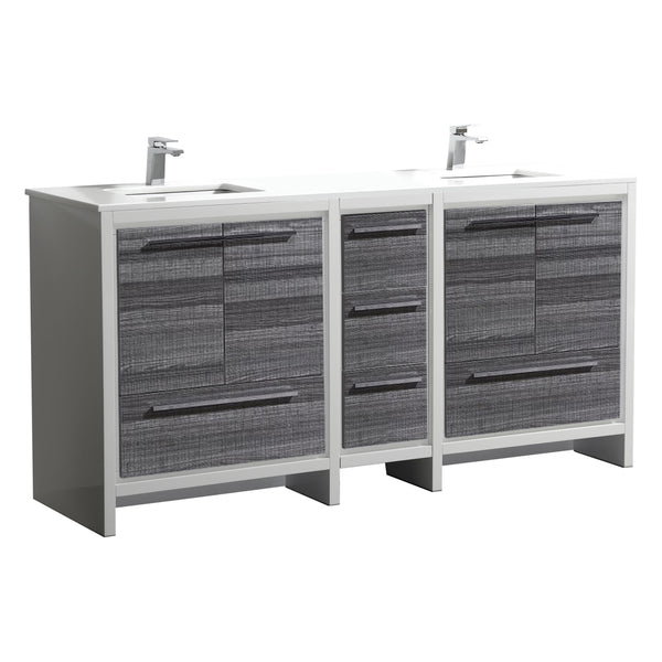KubeBath Dolce 72″ Double Sink Ash Gray Modern Bathroom Vanity with White Quartz Counter-Top