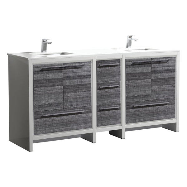 KubeBath Dolce 72″ Double Sink Ash Gray Modern Bathroom Vanity with White Quartz Counter-Top