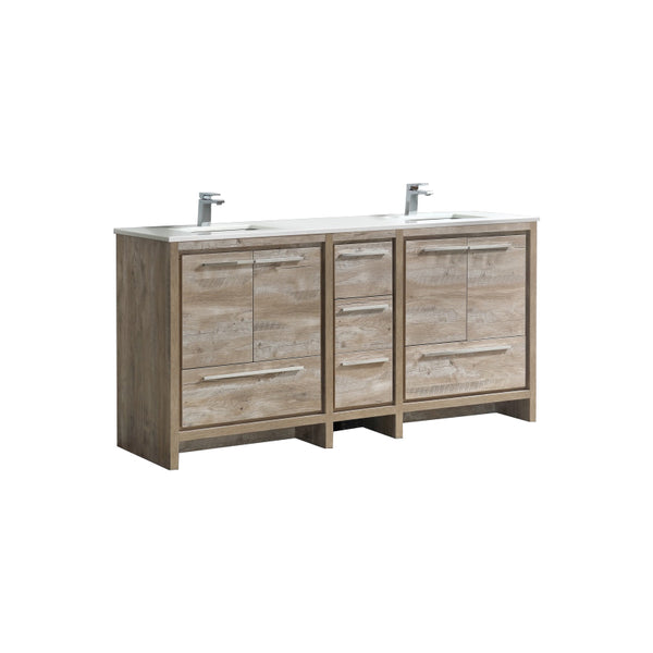 KubeBath Dolce 72″ Double Sink Nature Wood Modern Bathroom Vanity with White Quartz Counter-Top