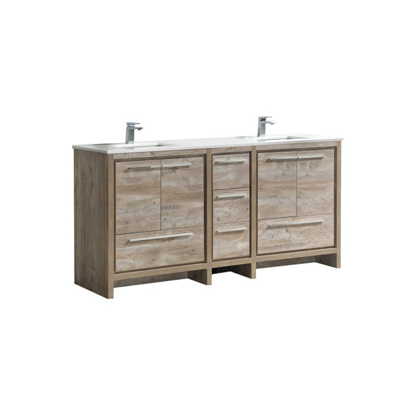 KubeBath Dolce 72″ Double Sink Nature Wood Modern Bathroom Vanity with White Quartz Counter-Top