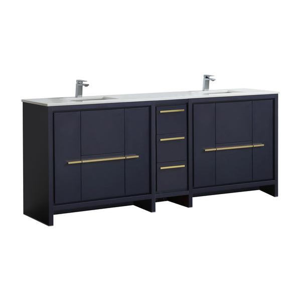 KubeBath Dolce 84″ Double Sink High Gloss White Modern Bathroom Vanity with White Quartz Counter-Top