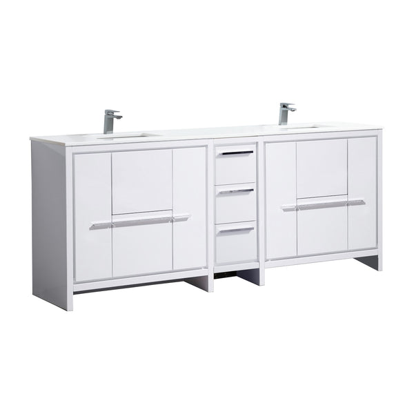 KubeBath Dolce 84″ Double Sink High Gloss White Modern Bathroom Vanity with White Quartz Counter-Top