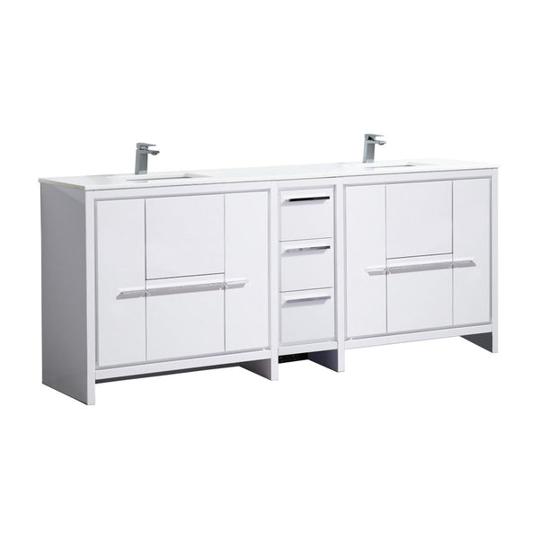 KubeBath Dolce 84″ Double Sink High Gloss White Modern Bathroom Vanity with White Quartz Counter-Top