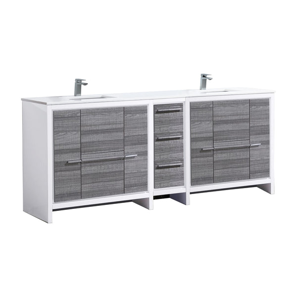 KubeBath Dolce 84″ Double Sink Ash Gray Modern Bathroom Vanity with White Quartz Counter-Top