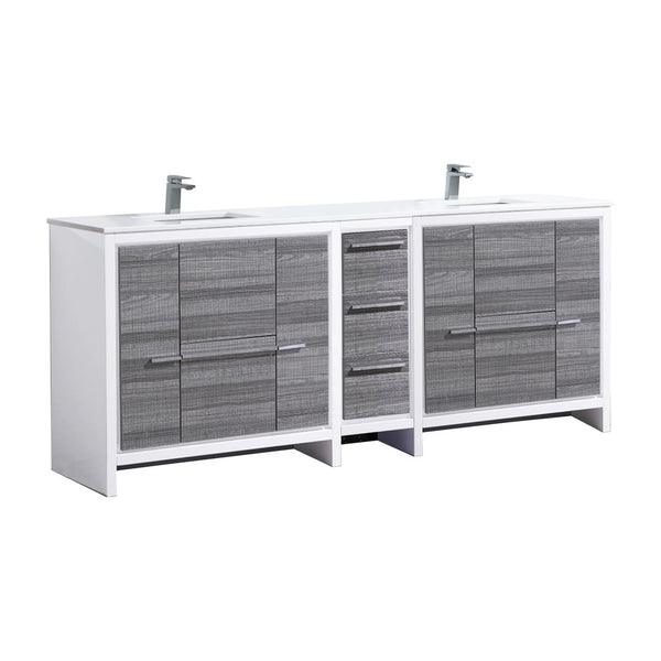 KubeBath Dolce 84″ Double Sink Ash Gray Modern Bathroom Vanity with White Quartz Counter-Top