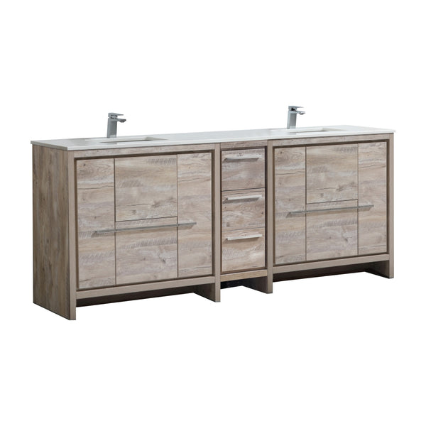 KubeBath Dolce 84″ Double Sink Nature Wood Modern Bathroom Vanity with White Quartz Counter-Top