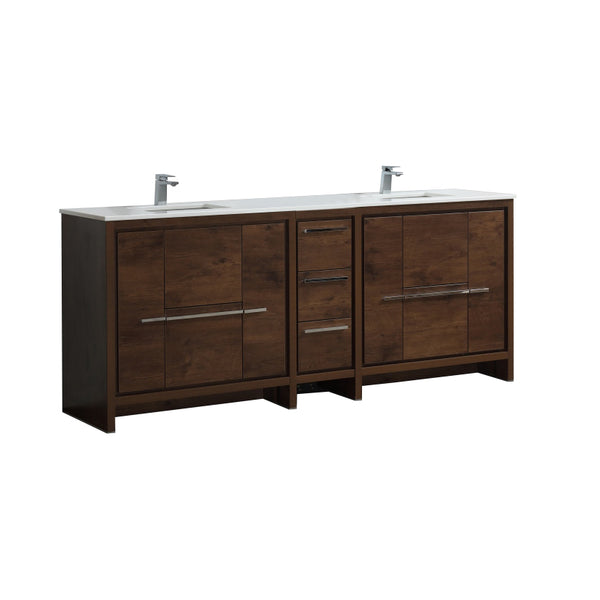 KubeBath Dolce 84″ Double Sink Rose Wood Modern Bathroom Vanity with White Quartz Counter-Top