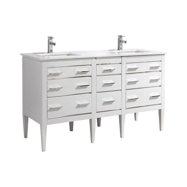 KubeBath Eiffel 60'' Double Sink High Gloss White Vanity W/ Quartz Counter Top