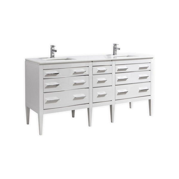 KubeBath Eiffel 72'' Double Sink High Gloss White Vanity W/ Quartz Counter Top