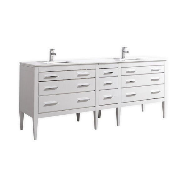 KubeBath Eiffel 82'' Double Sink High Gloss White Vanity W/ Quartz Counter Top