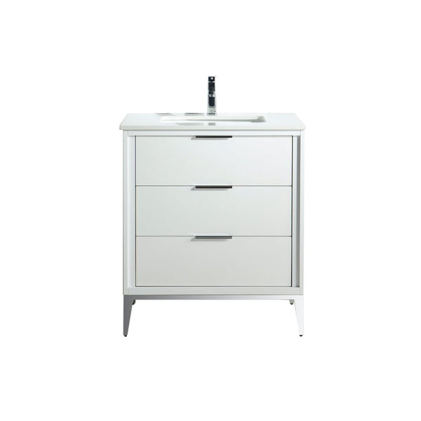 KubeBath Divani 30'' Gloss White Vanity W/ Quartz Counter Top  (Back Splash Free)