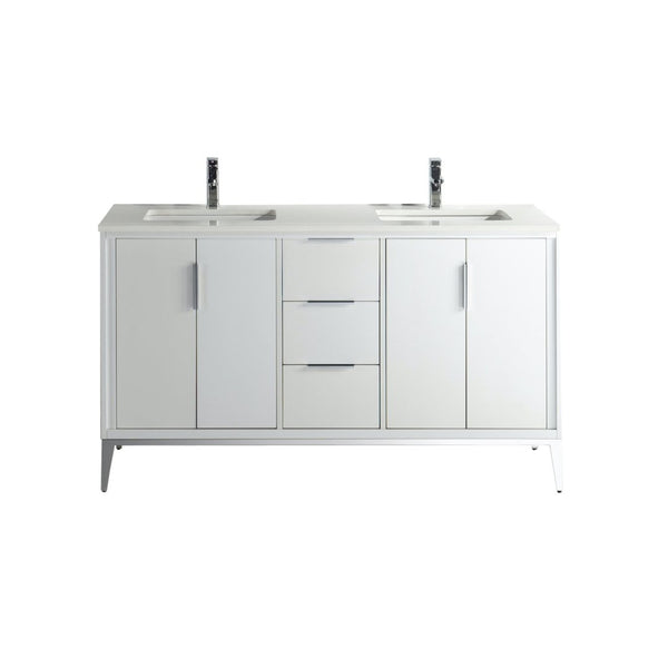 KubeBath Divani 60'' Gloss White Vanity W/ Quartz Counter Top (Back Splash Free)