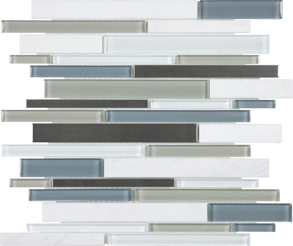Anatolia Random Strip Glass Stone Stainless Blend Mosaic, NORDIC STORM