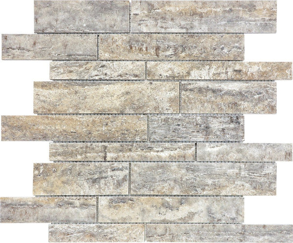 Anatolia Random Strip Silver Ash Polished Veincut Travertine Mosaic