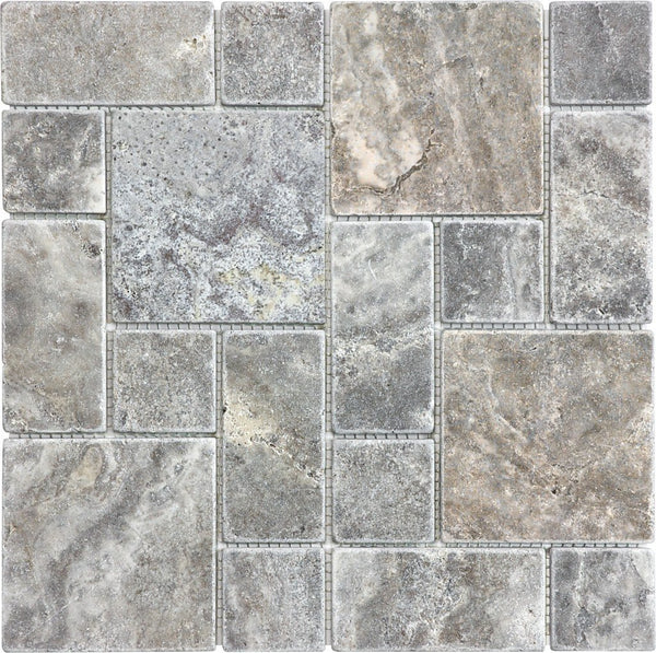 Anatolia Roman Pattern Silver Ash Tumbled Travertine Mosaic