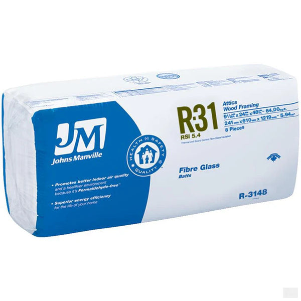 Johns Manville Formaldehyde-Free R31 Fibreglass Insulation Batts - Covers up To 8-sq. ft. - Ecologo Rated - Unfaced