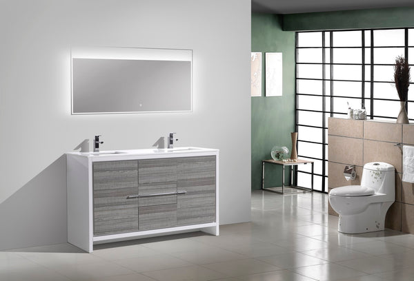 KubeBath Dolce 60″ Double Sink Ash Gray Modern Bathroom Vanity with White Quartz Counter-Top