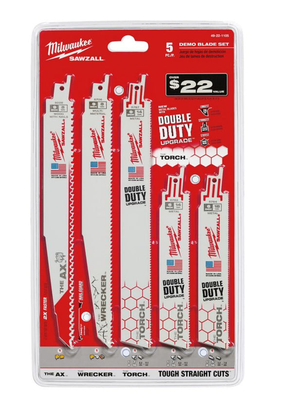 Demolition Nail-Embedded Wood and Metal Cutting Bi-Metal Reciprocating Saw Blade Set - 5/Pack