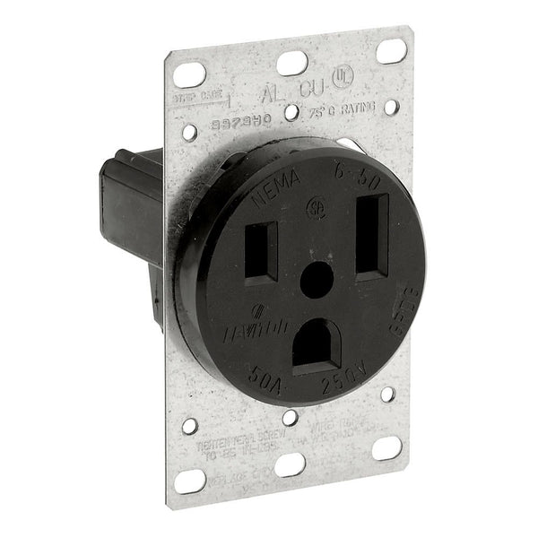 50 Amp, 250 Volt Flush Mounting Receptacle, Straight Blade, Grounding, Side Wired - Black