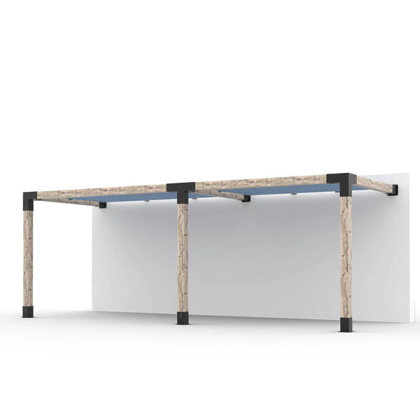 Toja Grid Double Wall Mount Pergola with 2 SHADE SAILS for 6x6 Wood Posts, 8' x 22' -Denim