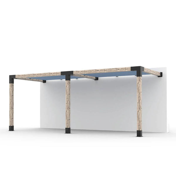 Toja Grid Double Wall Mount Pergola with 2 SHADE SAILS for 6x6 Wood Posts, 8' x 20' -Denim