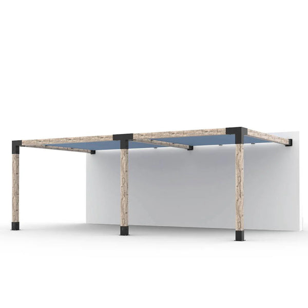 Toja Grid Double Wall Mount Pergola with 2 SHADE SAILS for 6x6 Wood Posts, 12' x 22' -Denim
