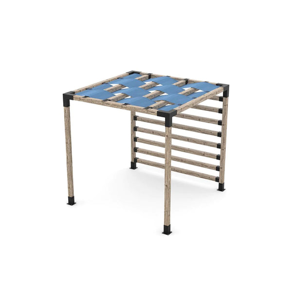Toja Grid Pergola Kit with 4x4 KNECT Post Wall and Wave Shades for 4x4 Wood Posts, 8' x 8' -Denim