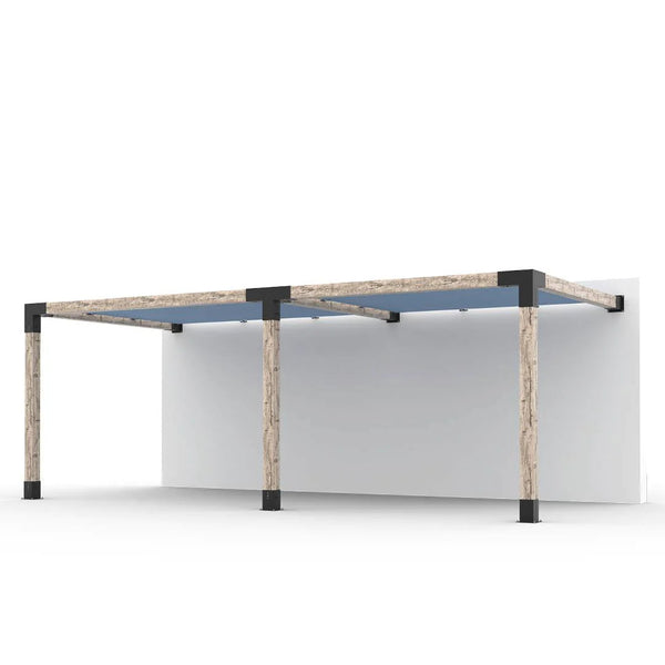 Toja Grid Double Wall Mount Pergola with 2 SHADE SAILS for 6x6 Wood Posts, 10' x 22' -Denim