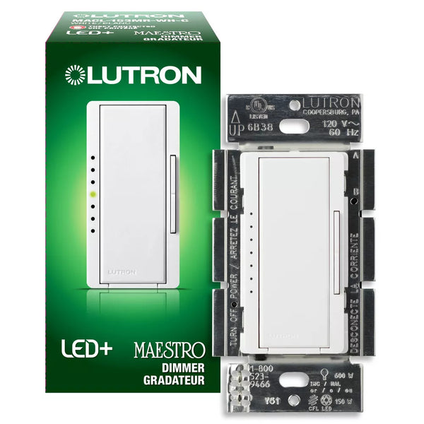 Lutron Maestro LED+ Dimmer Switch for Dimmable LED/Halogen/Incandescent Bulbs, Single-Pole or 3-Way, White
