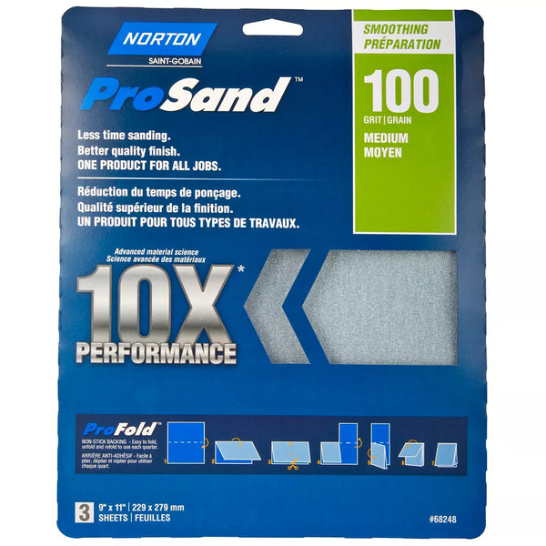 Norton Prosand 10X Performance Sandpaper 9 Inch X11 Inch 100-M (3-Pack)
